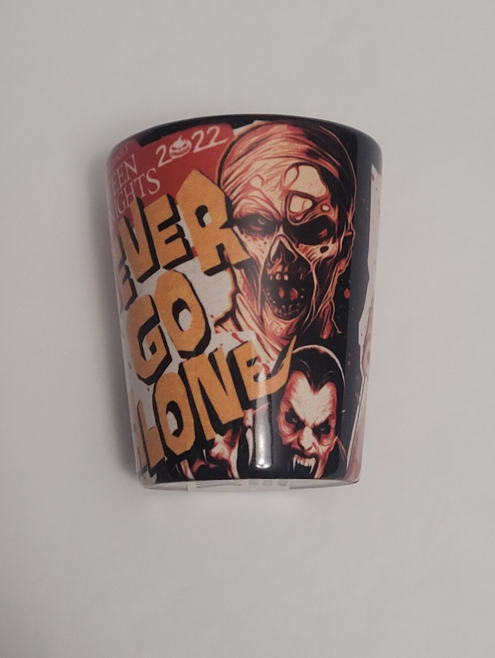 Halloween Horror Nights 2022 Never Go Alone Shot Glass HHN 31 Michael Myers
